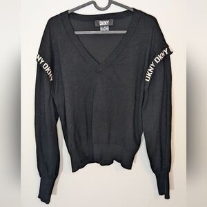 DKNY V neck long sleeve sweater logo shoulder detail black - size M
